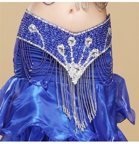 Royal blue red black hot pink fuchsia gold glitter beaded performance competition women ladies belly dance  fringes hip scarf waistband sashes